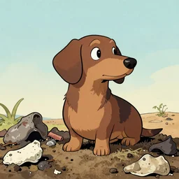 a bobtail dog sitting on a pile of organic waste, vintage comic