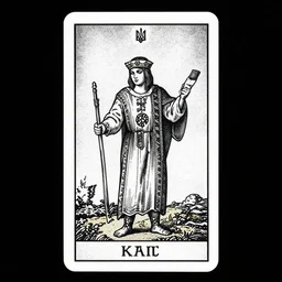 portrait of black and psychedelic grainshading tarot card print of the ukrainian spirit of by moebius, wayne barlowe, magic comic cover art, very intricate, thick outline, full body, symmetrical face, long black crown, in a shapes background, galactic dark colors