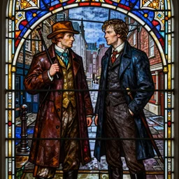 a detailed stained glass window of jensen ackles and jared padalecki in a supernatural sherlock holmes story, 1 8 th century london in the rain, city streets, ominous, masterpiece, 8 k, art by alphonse mucha and greg rutkowski