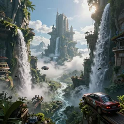alien planet city with overgrown and waterfalls and flying cars, 8 k, ultra wide angle, high contrast, highly detailed, vivid colors, dramatic lighting, depth of field, ray tracing, concept art, volumetric fog, unreal engine, pincushion lens effect, trending on artstation, zenith perspective, greg rutkowski, feng zhu