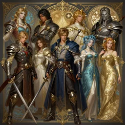 various final fantasy characters, d & d, fantasy, intricate, elegant, highly detailed, digital painting, artstation, concept art, matte, sharp focus, illustration, hearthstone, art by artgerm and greg rutkowski and alphonse mucha