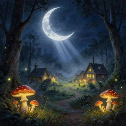 woodland village, in the night, fantasy, crescent moon in background, luminous, toadstools, fireflies, fantasy, mist, highly detailed painting, fine lines, light rays, mid shot, 8 k realistic, sharp focus