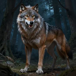 fullbody portrait of a male werewolf, bared teeth, long claws, by greg rutkowski and alphonse mucha, gradient brown to silver, in front of a forest at night background, highly detailed, digital painting, artstation, concept art, smooth, sharp focus illustration