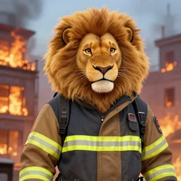 beautiful portrait of wilford brimley as an anthropomorphic lioness fursona wearing a firefighter uniform putting out a burning building with a fire hose at night. character design by disney, charlie bowater, ross tran, artgerm, and makoto shinkai, detailed, soft lighting, rendered in octane