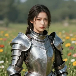character portrait of a woman standing in a field of flowers wearing full plate armor, in the style of final fantasy xiv, a realistically proportioned face, photorealistic eyes, good value control, smooth, realistic shading, realistic face details, illustration, substance painter, very highly detailed