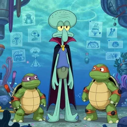 a cartoon character with a vampire squid head and cape that is tall and thin with color inspiration from rolly crump character designer on the haunted mansion ride character sheets that focuses on an ocean setting with help from lead artist Andy Suriano for rise of the teenage mutant ninja turtles on nickelodeon