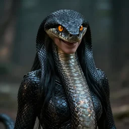 snake woman hybrid, long, black scales, bright amber eyes, chest coverd, scales on her chest, smileing happy, cinematographic shot, by daniel f. gerhartz