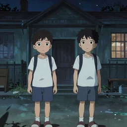 two boys explore a haunted school at night, anime, animated