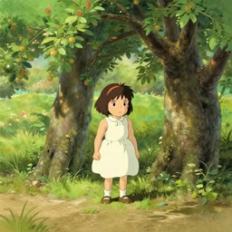 well - lit art nouveau portrait of a 1 3 - year old girl who resembles millie bobby brown and sadie sink looking worried under an apple tree, natural lighting, path traced, highly detailed, high quality, cartoon, digital painting, by don bluth and ross tran and studio ghibli
