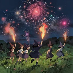 young witches running through a field launching fireworks into the sky, magical particles in the air, night time, rim light, studio ghibli style, high octane filter, 8 k, highly detailed, digital painting, concept art, matte, art by ruan jia and wlop and greg rutkowski and makoto shinkai, masterpiece