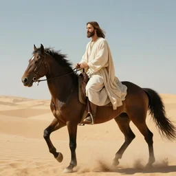 jesus christ, riding a horse in the desert, by alyssa monks, by greg rutkowski, cinematic, canon