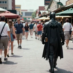 color video footage of a batman walking on the market district, day, summer, view from behind, 1 9 9 0.