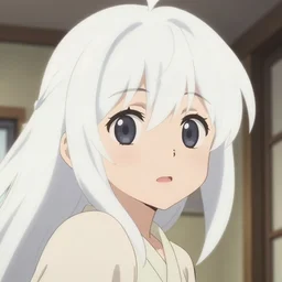 anime film still portrait of a young girl with white hair in her room interior, cute face by ilya kuvshinov yoshinari yoh makoto shinkai katsura masakazu kyoani, dynamic perspective pose detailed facial features rounded eyes, crisp and sharp cel shade ambient light