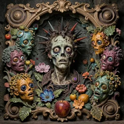 zombie, punk rock, young male, grotesque, grotto, multicolored faces, fruit and flowers, gemstones for eyes, botanical, vanitas, sculptural, cartoon style, baroque, rococo, intricate detail, spiral, ornamental, kaleidoscopic, soft, atmospheric, frank frazetta