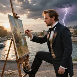 mcgregor is dressed as a gentleman at early 2 0 th century paris. he is watching an easel. that easel has a canvas on it. ewan mcgregor has a brush on his hand. he is painting a painting. there is a small brown cat with yellow eyes on ewan mcgregors feet. on background has river seine, morning sun, dark clouds, lightning, dc comics