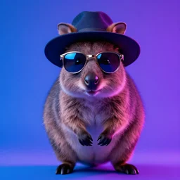 a quokka wearing shiny sunglasses and a hat by greg rutkowski, blue and purle lighting, digital art, ultra realistic, ultra detailed, photorealistic, 4k, character concept