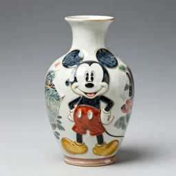 vase work, vase art of Mickey Mouse in art style of chinese art, fragmented clay firing chinese vase with an Mickey Mouse, mickey as an character, chinese art!!!!! chinese art stylem chinese art!!!, chinese art style, mickey as a chinese art style!!!!