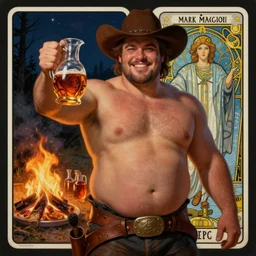 a dramatic, epic, ethereal painting of a handsome thicc shirtless cowboy beer belly smiling wearing a leather belt offering a jug | background is a late night campfire with food and jugs of  whisky | tarot!! card, art deco, art nouveau, homoeroticism, detailed face | by Mark Maggiori | trending on artstation