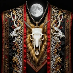 photo portrait portrait of femine puma with skull pendant, wolf skull pedant, golden fur, symmetric, intricate skeletal decorations on ornate silks, symmetry, highly detailed, concept art, ornaments, black, red, white, gold layers, super moon, style of nekroxiii, hyperrealistic