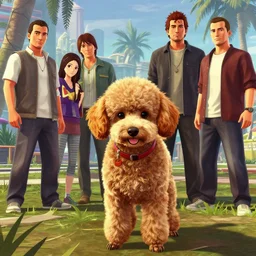 a poodle as robin, in gta v, stephen bliss, unreal engine, fantasy art by greg rutkowski, loish, rhads, ferdinand knab, makoto shinkai and lois van baarle, ilya kuvshinov, rossdraws, tom bagshaw, global illumination, radiant light, detailed and intricate environment