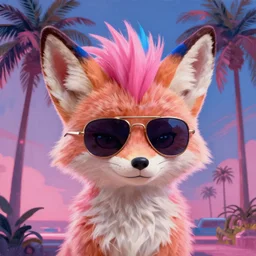 fennec fox, pink and blue mohawk hairstyle, pink, palm trees, furry, cute, smug facial expression, disney zootopia, zootopia, concept art, aviator sunglasses, smug expression, synthwave style, artstation, detailed, award winning, dramatic lighting, miami vice, oil on canvas, vibes, GTA