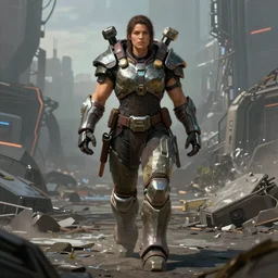 a big muscular female warrior in full armor walking across a cyberpunk wasteland with no helmet, mjolnir armor from halo, attractive female face, symmetrical face details, ultra realistic, very highly detailed, 8K, octane, Digital painting, concept art, illustration, rule of thirds, sharp focus, centered, good value control