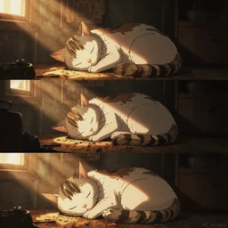 3 panel scene, cat sleeps snuggled up in a cozy room - dramatic cozy 3 d poster by wlop and okuda genso. wide angle lens. featured on pixiv, anime aesthetic. pixiv, warm aesthetic, rays of light, volumetric light, artstation, vanitas, official art, gothic, noise film photo. octane render, redshift render, ue 4