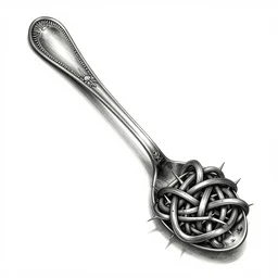 a large knotted spoon, ink on paper, thorns, durero, 8 k, 3 d render, white background, highly detailed, unreal