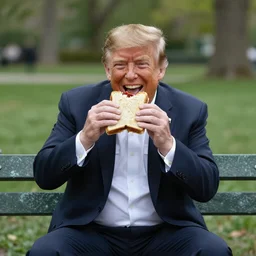 Donald Trump happily eating a sandwich on a park bench, enjoying life to its fullest, full of joy, candid photo