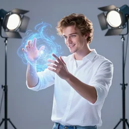 photo still of corbin bleu enchanting a magical spell, glowing aura, 8 k, studio lighting bright ambient lighting key light, 8 5 mm f 1. 8