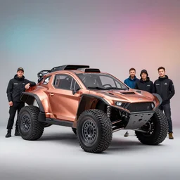 offroad rally car copper paint job by sebastian luca and pablo carpio and edgaras cernikas and wang ke and damon greenhalgh, in wide view shot. blank background with some dreamy color lights.