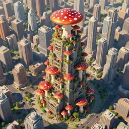 a magnificent mushroom skyscraper in a solarpunk city, red and white spotted mushroom, highly populated and full of life, isometric aerial view, epic sense of scale, digital art by beeple, trending on artstation