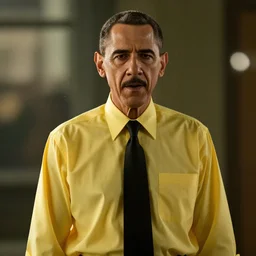 barrack obama as gustavo fring, yellow shirt, black tie, in breaking bad, movie still, cinematic lighting, ray tracing, octane render, long lens, shallow depth of field, bokeh, anamorphic lens flare, 8 k, hyper detailed, 3 5 mm film grain
