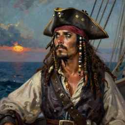 a pirate captain gazing into the horizon in the style of mary jane ansell.