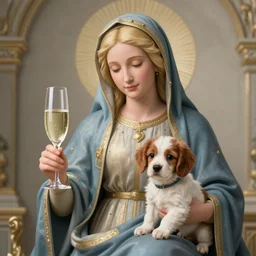 blonde madonna with glass of champagne in her hand and a spaniel puppy on her lap. teal. art nouveau drawing