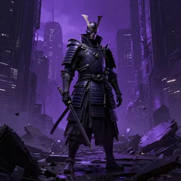 a samurai standing in a dystopian broken cyberpunk city, dark fantasy, photorealism, unreal engine, purple hue, sci-fi, by H.R. Giger