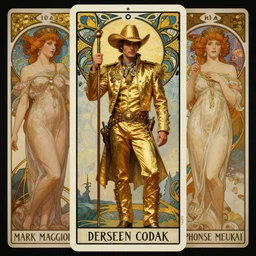 a dramatic ethereal epic symmetrical painting of a handsome cowboy in a gold outfit | tarot card, art deco, art nouveau,  steampunk, homoerotic, realistic | by Dresden Codak, by Mark Maggiori and Alphonse Mucha | trending on artstation