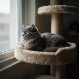 “ fluffy grey cat lying on cat bed turning head to look out the window, lying on cat tree, cozy living room, warm, cotton, dramatic lighting, extremely high quality, leica m - a, lux 3 5 fle, portra 8 0 0, analog ”