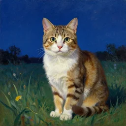 A painting of a cat under the sky in a field at night, by (Ross Tran, Norman Rockwell, Leonardo da Vinci), Trending on Artstation