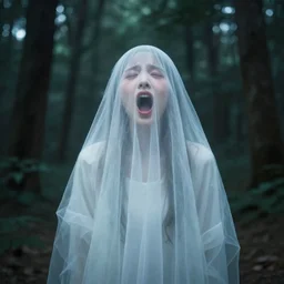in the style of sui ishida, transparent ghost screaming, in the woods, moody lighting