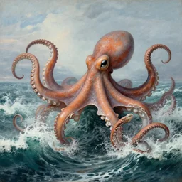 giant octopus monster with tentacles wildly thrashing around in the waves of a stormy ocean, by jmw turner
