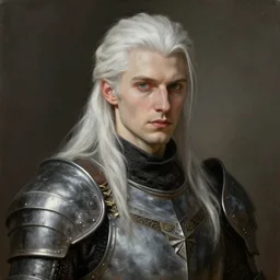 character design, portrait of a attractive male with pale skin, long white hair and proeminent cheekbones, medieval, dark armor, painting by wlop, nixeu and greg rutkowski, beautiful, semirealism, artstation, octane render, sharpness, 8 k, golden ratio