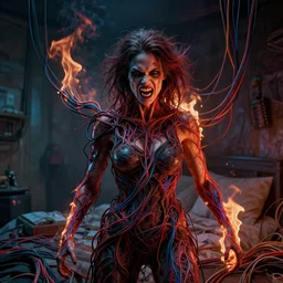 rgb wires, portrait, woman, fire, rage, cinematic, movie scene, inspired by zdzislaw beksinski, clothes made out of veins,, cables everywhere, bedroom, ultra realistic, concept art, intricate details, highly detailed, photorealistic, octane render, 8 k