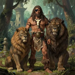 portrait of human savage barbarian chief wearing ancient barbarian clothes and eye - patch and necklace made from human bones, big beast pet sitting next to him, forest temple in the background, illustration concept trending pixiv fanbox by wlop and greg rutkowski and caravaggio and rosa bonheur, and william harnett