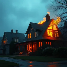 aesthetic house on fire, golden hour, bad weather, ultrahd, ultra sharp, hyper detailed, 8 k, shot on 3 5 mm film camera, smooth sharp forcus, realism, tumblr aesthetic,