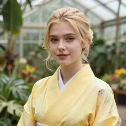 head and shoulder portrait photograph of a young blond woman wearing a yellow kimono in a tropical greenhouse, super resolution. 35 mm lens, bokeh