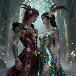 fantasy fashion, male and female, ecopunk art nouveau fusion architecture, tattoos, burgundy and teal colors, iridescent and opalescent and golden, twilight, refractive crystal, elegant, feather hair ornaments, highly detailed, digital painting, glowing particles, misty, cinematic lighting, god rays, smooth, sharp focus, art by nixeu, by wlop, by alphonse mucha.