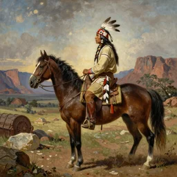 a full length extremely detailed masterpiece painting of one rugged warrior american native apache with a feather in his head - ban sitting on his horse surveying a rugged texas big bend background, in the style of george catlin, insanely detailed, extremely moody lighting, glowing light and shadow, atmospheric