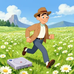 ( low ) ( poly ) playstation 1 9 9 9 running ( ( mr. bean ) ) wearing a hat standing in a ( field of daisies ), mount coronet in the distance digital illustration by ruan jia on artstation