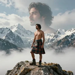 a homoerotic portrait by greg rutkowski and albert bierstadt and bill ward of a shirtless desi hiker on a mountain peak wearing a tartan kilt | background is snowy mountains and clouds | detailed face, ethereal, dreamlike | trending on artstation